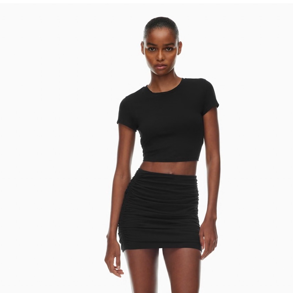 TNA Aritzia black Chill Malibu Skirt Stretch Jersey Ruched Bodycon XXS
# 77383